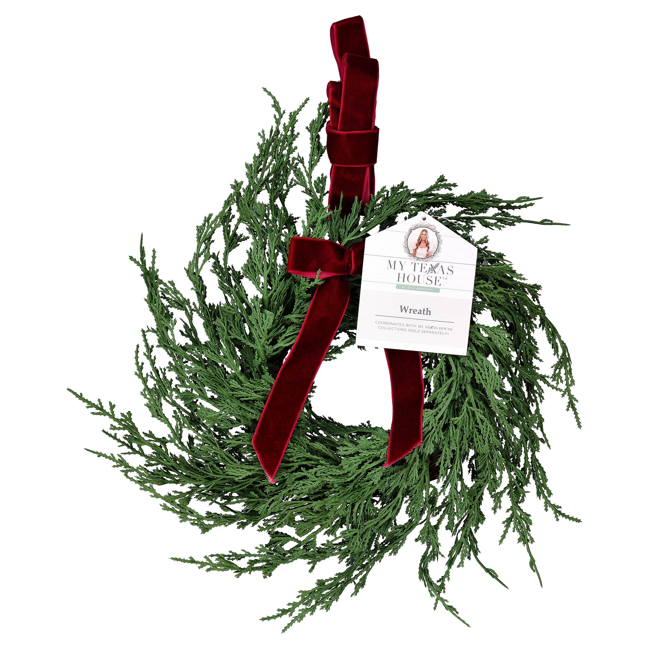 My Texas House Evergreen Artificial Christmas Wreath with Velvet Ribbon, Green and Red, 12"