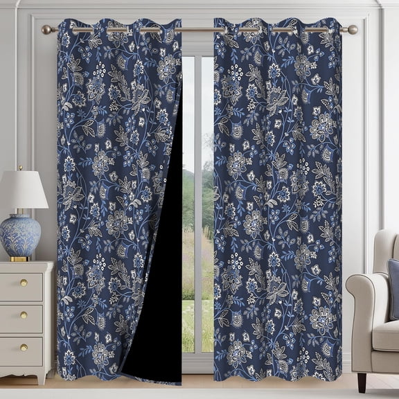 Navy Blue Floral Blackout Curtain Set of 2 Panels,Flowers Print Long Grommet Window Curtains Drapes for Living Room,42x84 inch Thermal Insulated