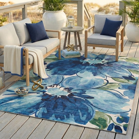 ReaLife Machine Washable Indoor Outdoor - Mat Rug Foldable Printed Thin Lightweight Cushioned Fade Resistant Patio Deck Dock Porch Pool Balcony Camping - Kai - Blue Green 6' x 9'
