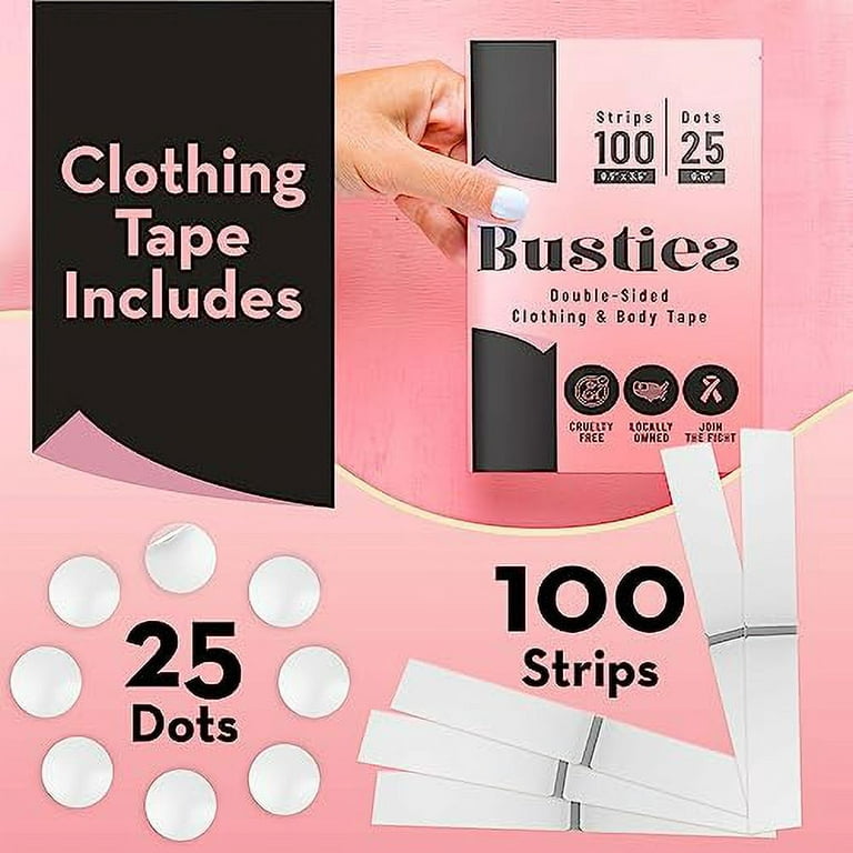 Busties Double Sided Tape for Clothes (100 Strips & 25 Dots) Avoid Fashion Mishaps with Body Tape Fabric Tape Double Sided Dress Tape (Clothing Tape/