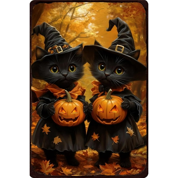 Halloween Metal Sign Black Cat Pumpkin Lantern Vintage Tin Wall Decor Aluminum Art Poster for Home Kitchen Garden Office Indoor Outdoor 8x12 Inch