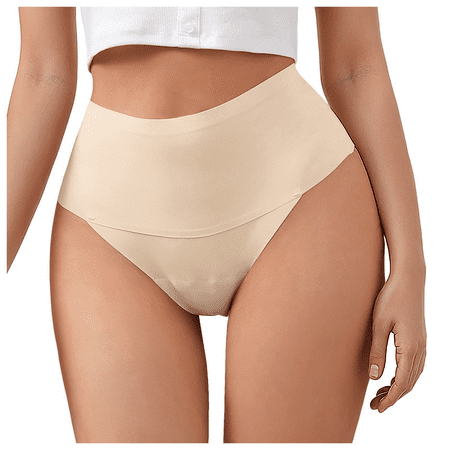 Fulorrnie Underwear for Women Plus Size Thong Breathable Seamless Panties High Waist Elastic Waistband Panty Beige S