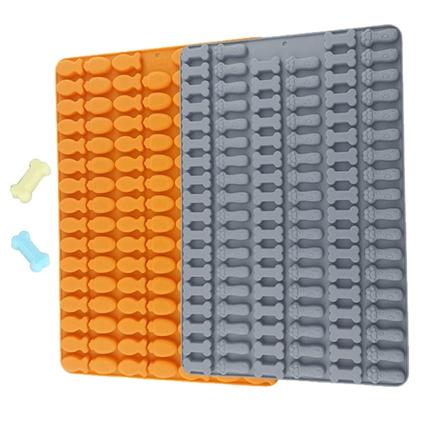2 mini moldes de silicona con 106 cavidades para huesos y patas de perro, 111 cavidades para rábano y pez, molde de silicona para chocolate, fondant, dulces, galletas, gelatina y concepto de comandos