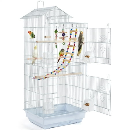SMILE MART 39" Metal Bird Cage with Perches and Toys, White