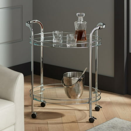 Studio 55D Carli Modern Chrome Steel Oval 2-Tier Serving Bar Cart 26" x 18 1/4" Silver Rolling Clear Glass Shelves for Living Room