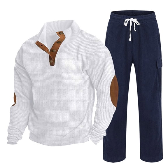 QQAMB Men's Two Piece Sets Plus Size Sports Corduroy Stand-Up Collar Pullover Sweatshirt and Long Trousers Suit
