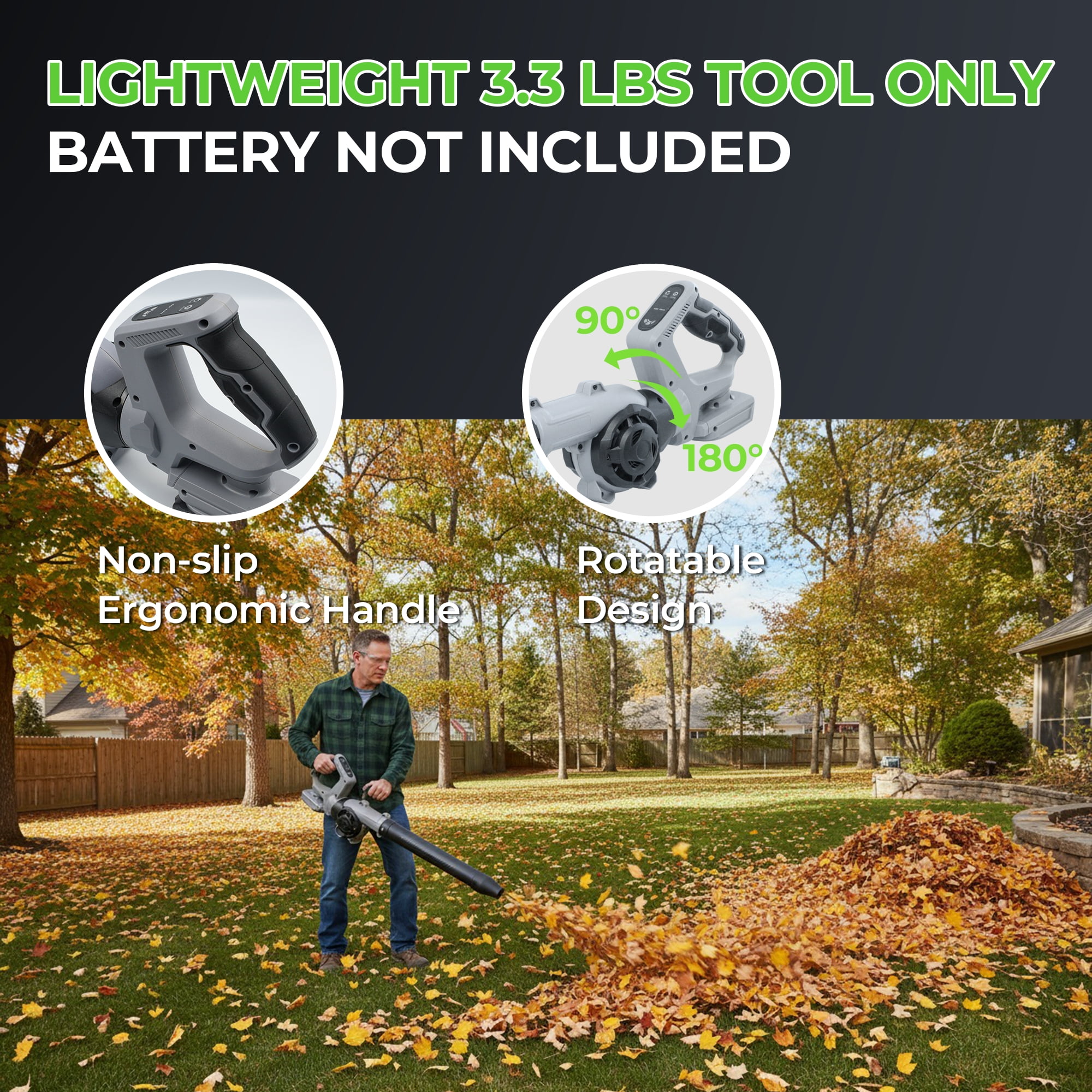 Fixdono Cordless Leaf Blower 190CFM/160MPH Electric Leaf Blower,  3 Speed Modes, Lightweight Battery Powered Blowers for Lawn Care (Battery not Included)
