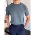thumbnail image 2 of Men'S Round Neck Short Sleeve Thin Bottoming Shirt Casual Ribbed Knitted Pullover Top Solid Color T-Shirt Blue L, 2 of 8