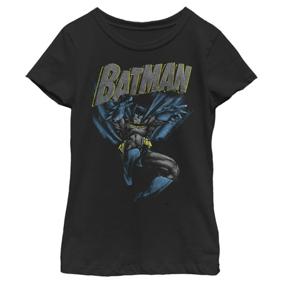 Girl's Batman Distressed Retro Action Logo  Graphic Tee Black Medium