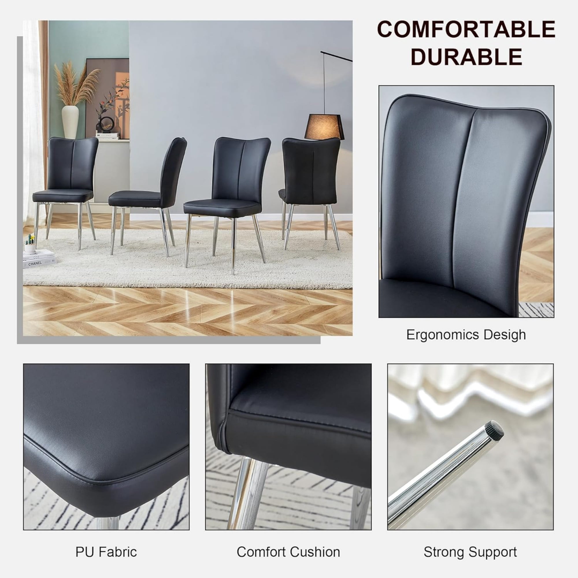 SUDICA Dining Chairs Set of 4, Black PU Leather Upholstered High Back Kitchen Chairs with Silver Metal Legs for Dining Room
