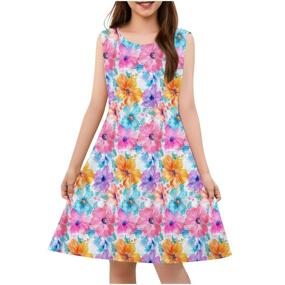 Hrsba Kids Summer Dress,Casual Sleeveless Dress for Girls,Toddler Kids Girls Cute Flower Print Stretchy Camisole Sleeveless Dress A Line Dress