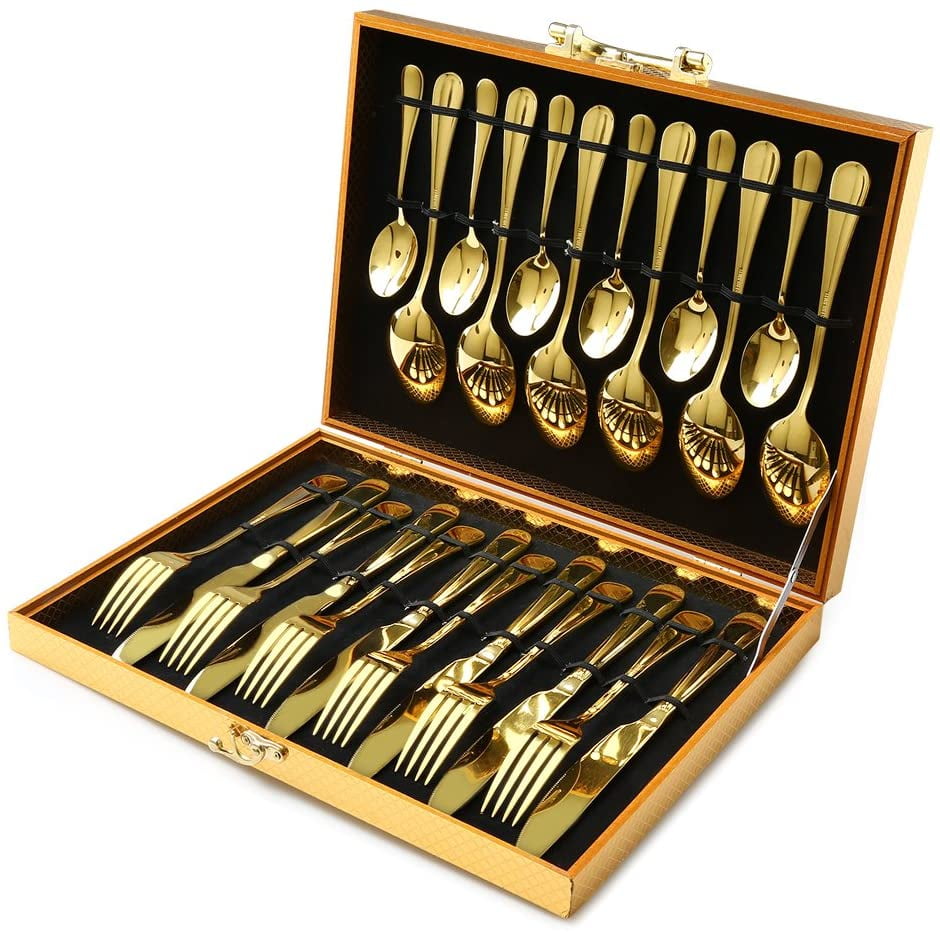 OGORI Gold Cutlery Set Dinner Sets 40 Piece Flatware Set Service for 8 Golden 