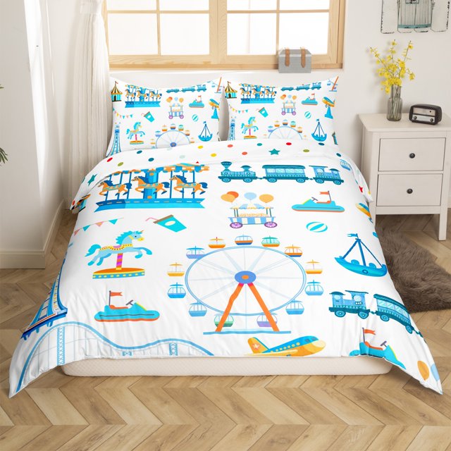 Ensemble de Literie Parc d'Attractions Dessin Animé Train Grande Roue Housse de Couette Enfants Ados Carrousel Cheval Véhicule Housse de Couette Polyester Doux Chambre Housse de Courtepointe 2 Pcs Tout-Petit, Sans Couette