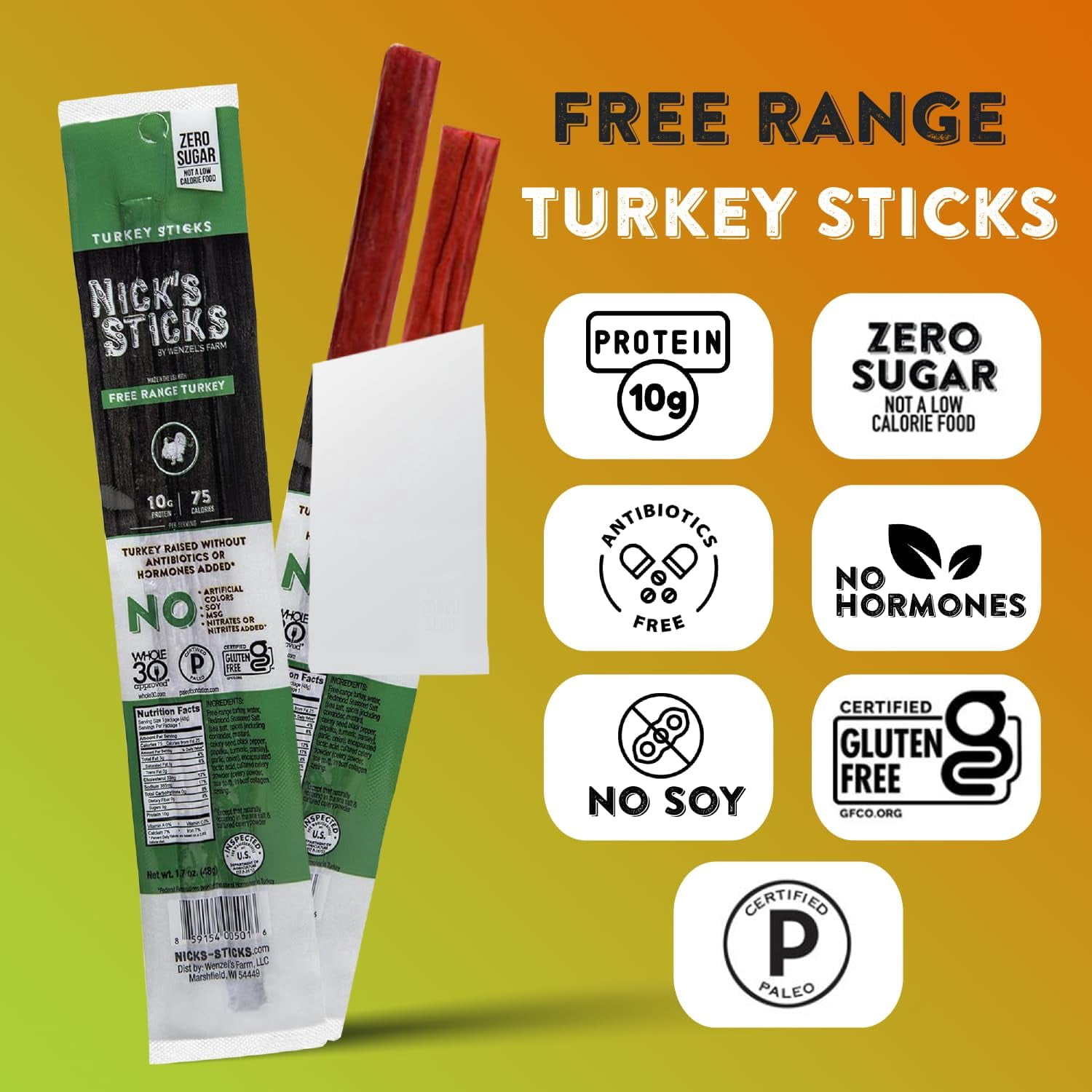 Nick’s Sticks Free-Range Turkey Snack Sticks, Gluten Free, Keto Certified, Paleo and Whole30 Approved, No MSG, High Protein Low Carb, 25 Twin Packs (1.7 oz each)
