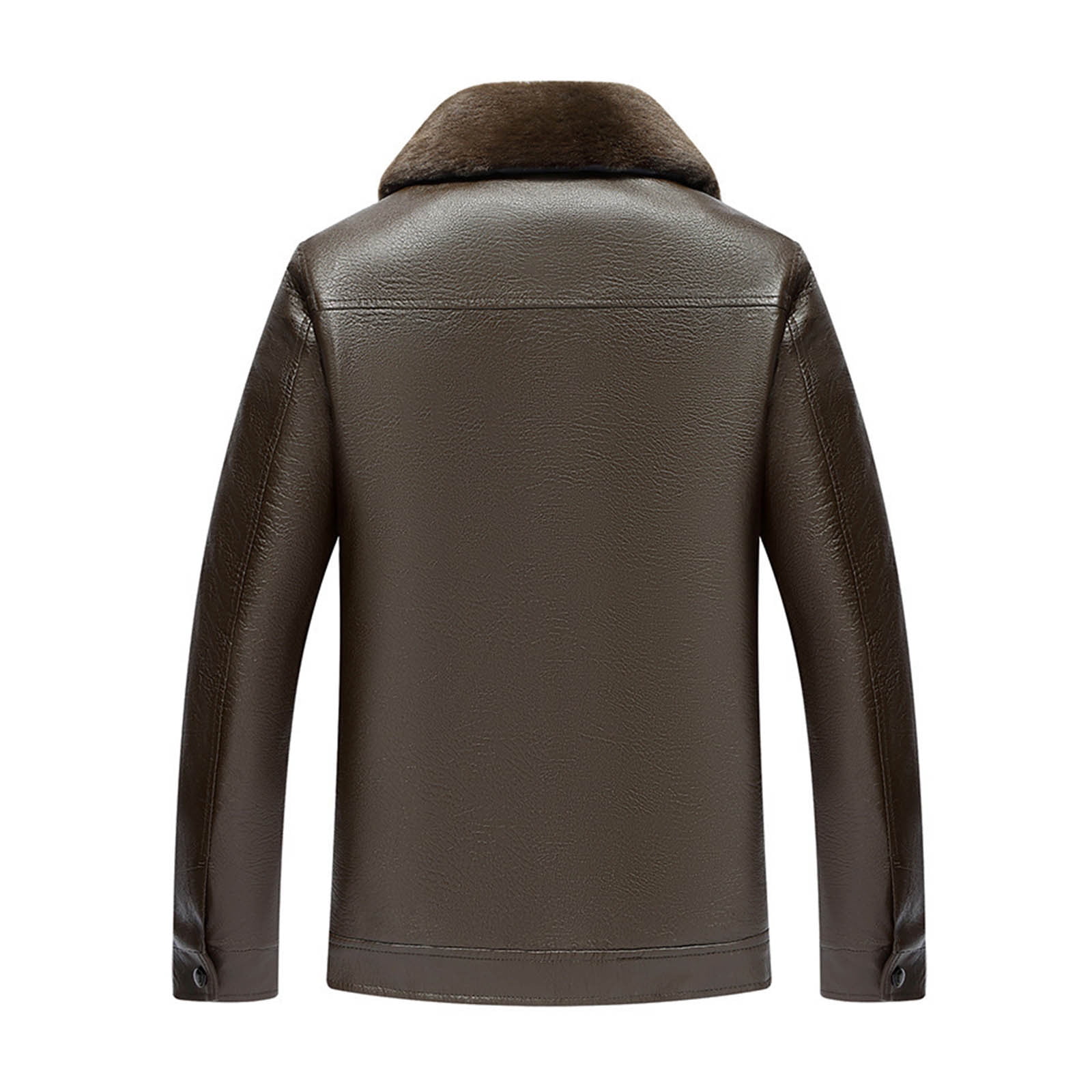 Motorcycle Leather Jacket for Men Faux Fur Collar Lapel Long Sleeve Front Zip Outwear Thicken Warm Windproof Coat (M, Brown)