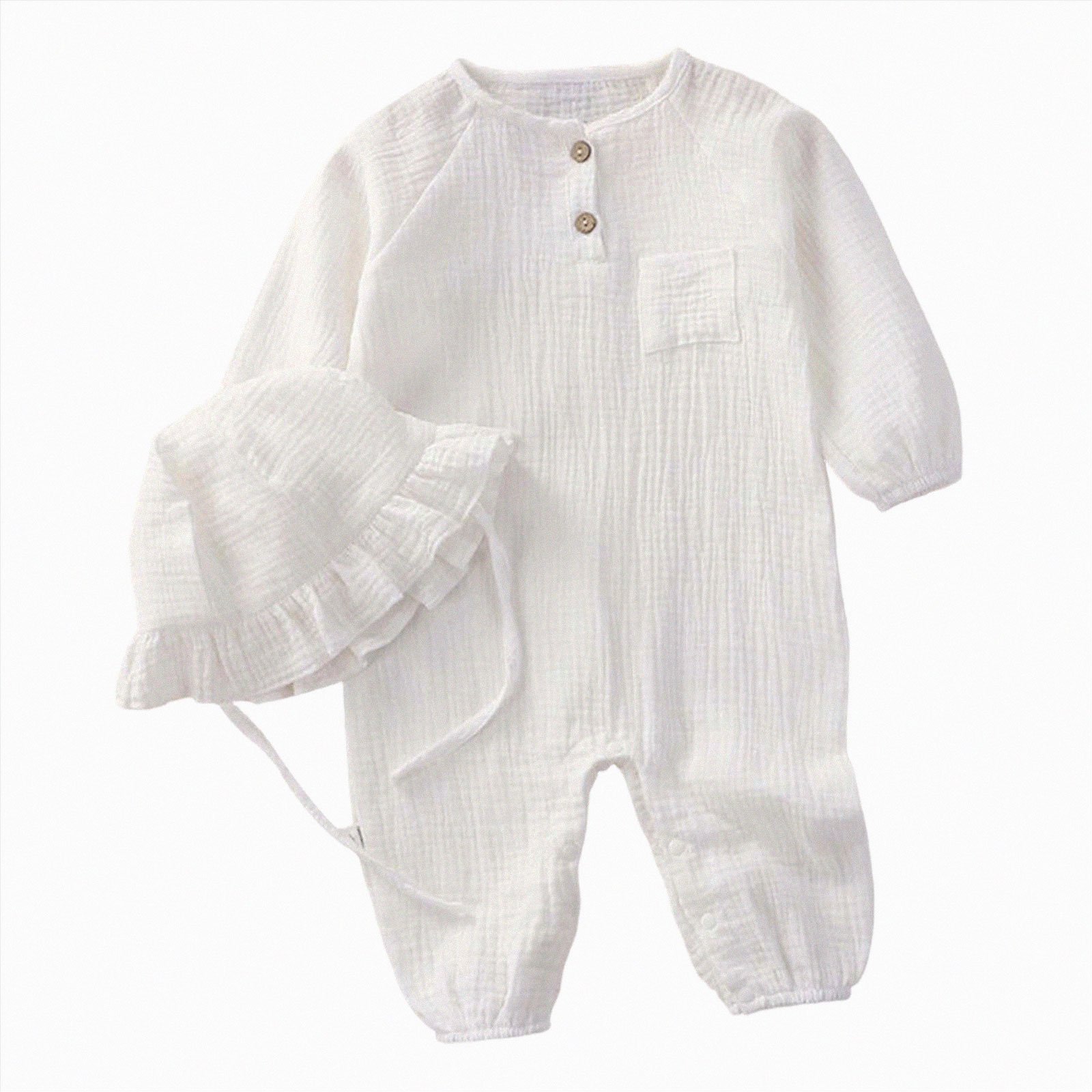 HCNTES Onesies Baby Boy Infant Linen Long Sleeve Rompers Button Down Clothes With Ruffled Bonnet Hat Sleepwear