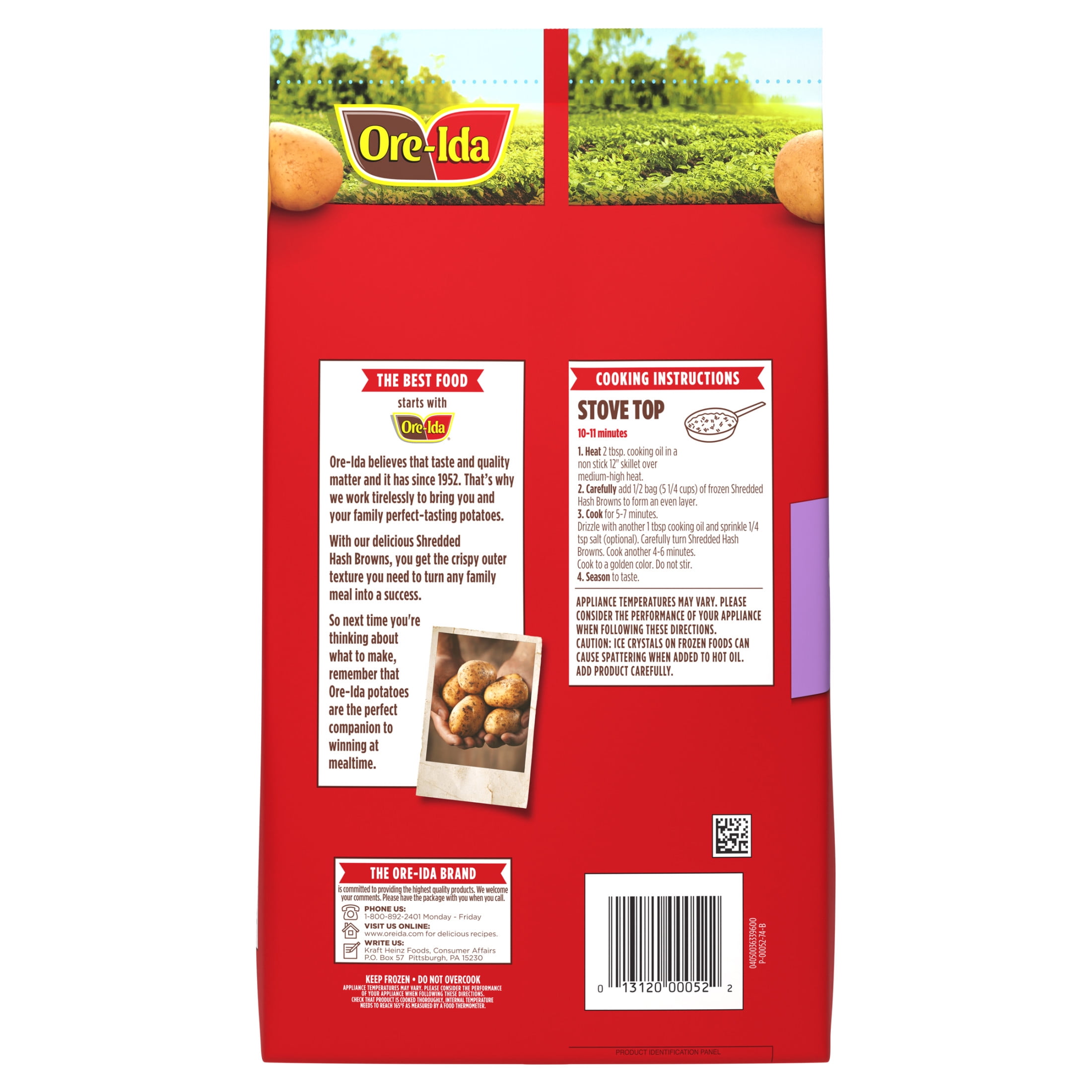 Ore-Ida Shredded Hash Browns Frozen Potatoes, 1 Value Size Bag, for Easy Breakfast Sides, Gluten-Free, 3 lb