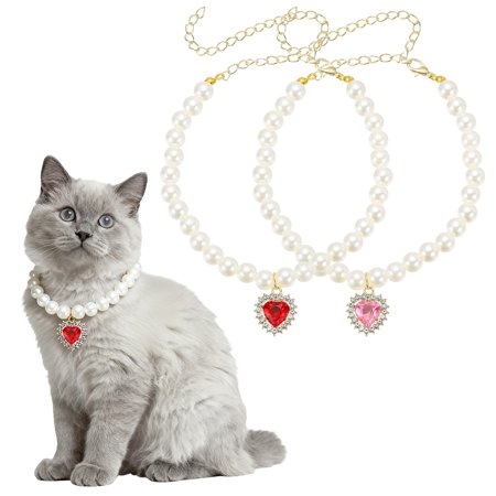 Uxcell Cat Dog Pearl Collar Small Heart Shape Rhinestone Cute Cat Collar Necklace Adjustable (M Pink/Red 2Pcs ) for Wedding Party Pet Jewelry Accessories Puppies Kitten