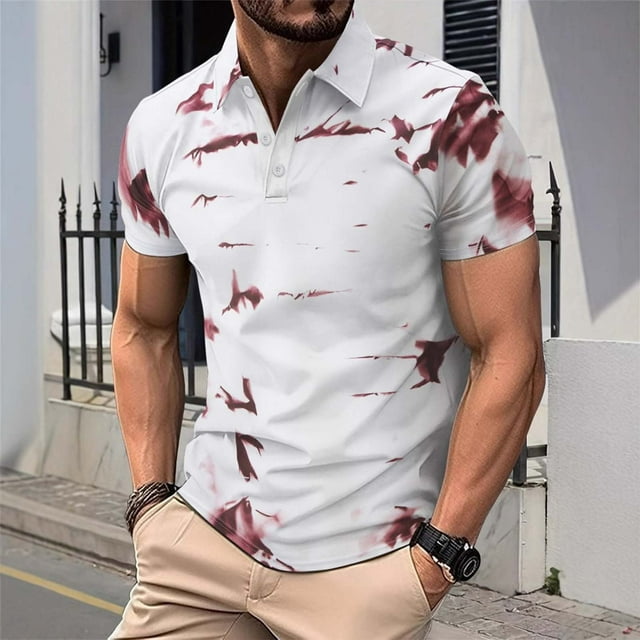 Mens Shirts Plus Size under $5 Short Sleeve Turndown Collar Button Color Block Polo T-Shirt Summer Collared Golf Shirt Red M