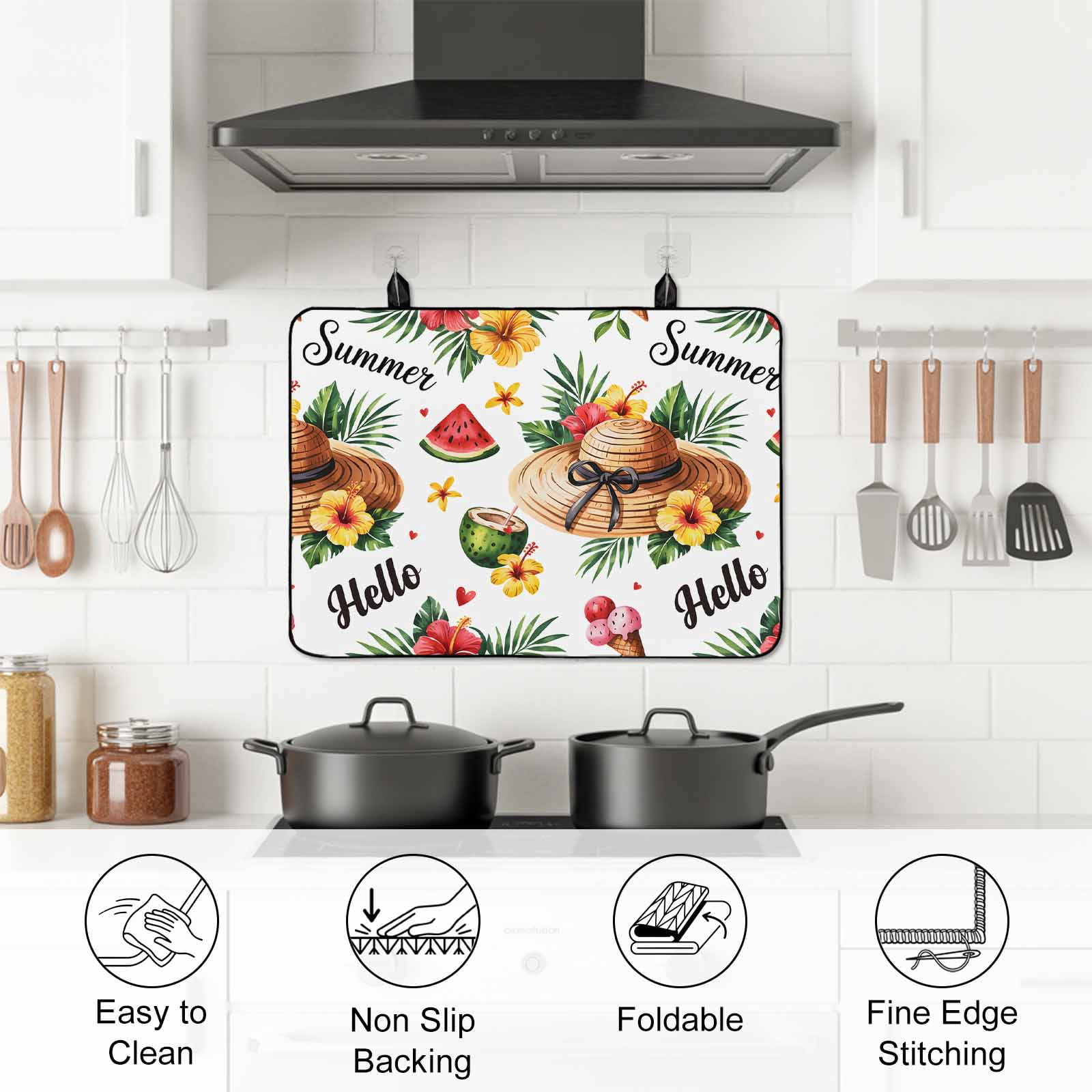 Summer Stove Top Cover for Electric Stove, Heat-proof & Non Slip Glass Top Stove Cover Protector, Tropical Plants Watermelon Coconut Straw Hat Kitchen Flat Cooktop Rubber Mat 31x24 Inches