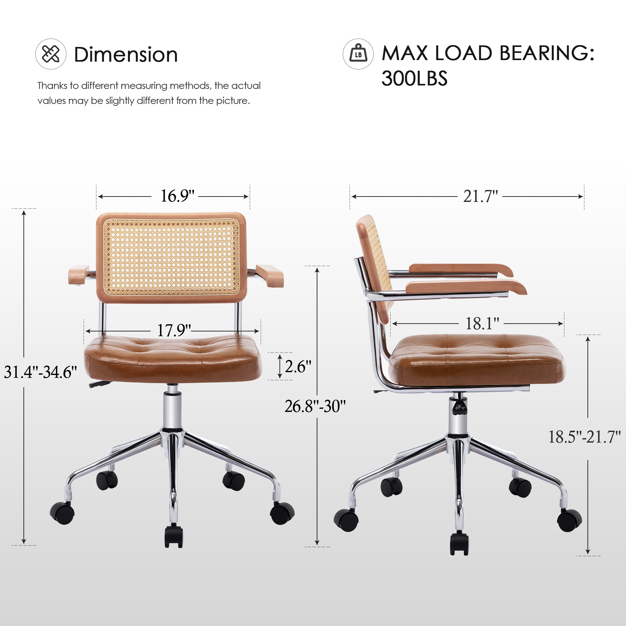 ONEVOG Tufted Leather Desk Chair, Swivel Home Office Chair with Rattan Back, Upholstered Vanity Chair with Arm, Adjustable Height Computer Task Chair, Brown