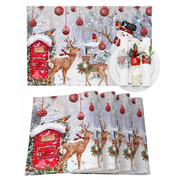 Christmas Placemats Set of 6, Cute Snowman Christmas Balls Place Mats Silver Pine Tree Branch Deer Birds Placemat Table Decoration for Kitchen Table Dinner Xmas Party Decor Indoor Outdoor 13x19 Inch