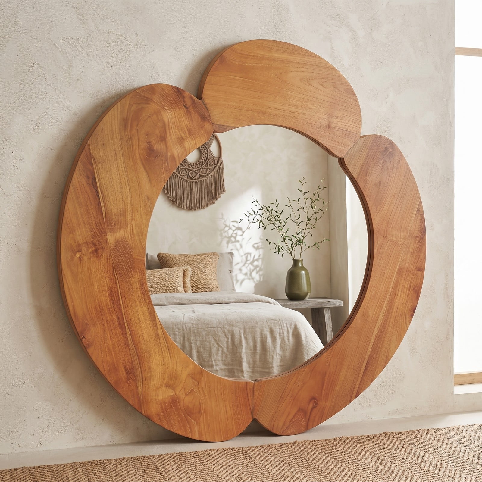 ALPULON 29 Inch Round Rustic Hanging Vanity Mirror with Solid Teak Wood Frame, Waterproof Wall Mounted Bathroom Decor Mirror for Entryway Bedroom, Natural Brown