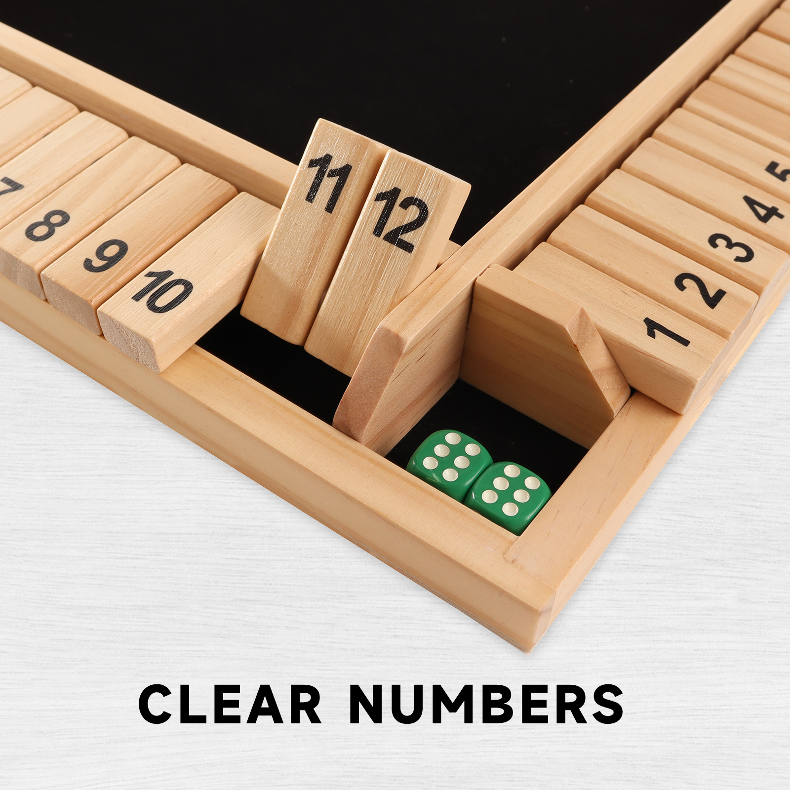 GSE Games & Sports Expert 4-Player 12 Numbers Wooden Shut The Box Dice Board Game with 8 Dices Classic Tabletop Version of Popular English Pub Game - Natural Wood