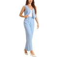 thumbnail image 4 of Conjunto de dos piezas casual de tank top sin mangas de lino con cuello en V y pantalones de pierna ancha para mujer, XL, azul claro, 4 of 6