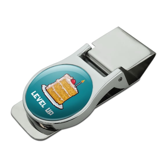 8-Bit Pixel Retro Cake Level-up Game Gamer Satin Chrome Plated Metal Money Clip