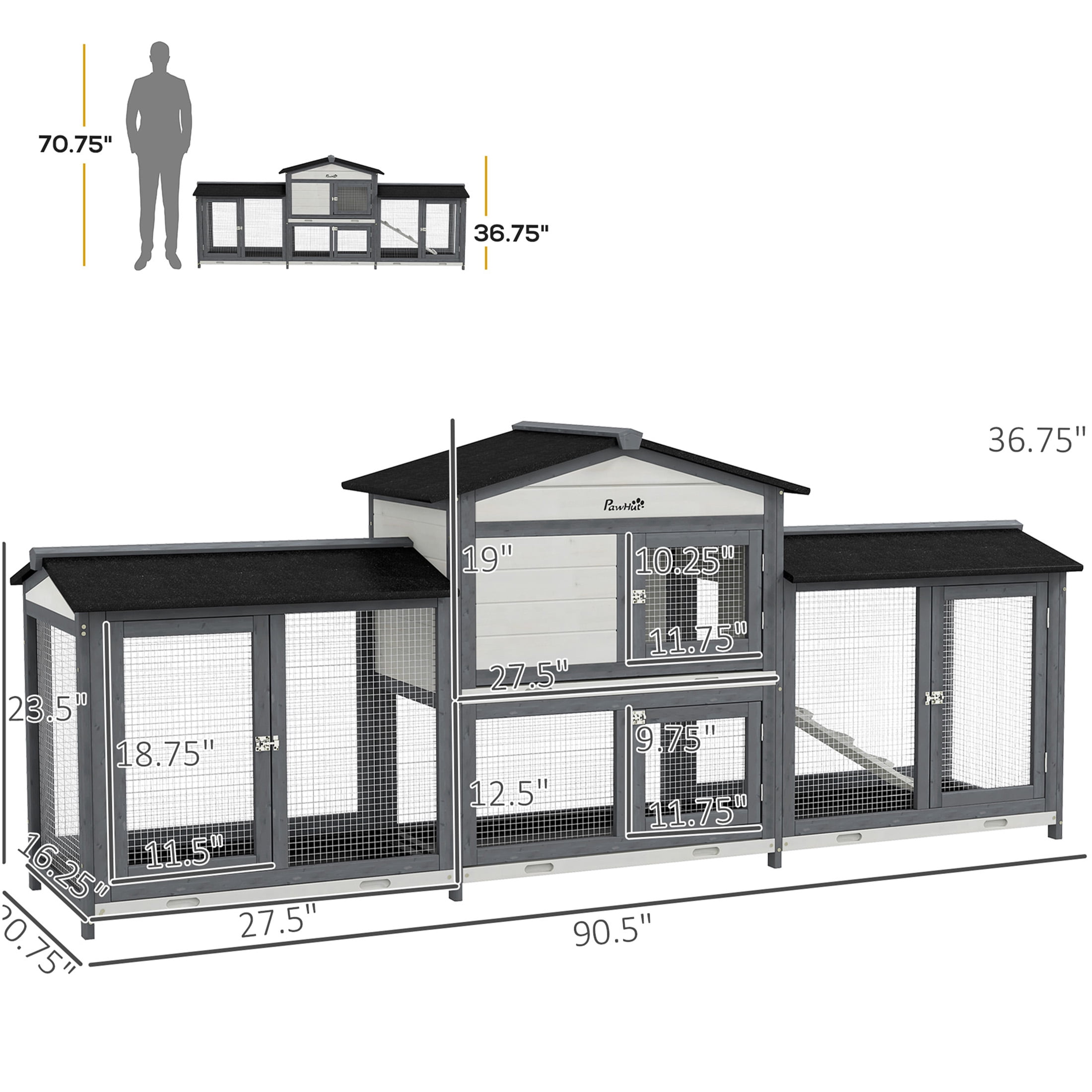 JERFIT 90.5 Inch Large Outdoor Rabbit Hutch with 2 Run Boxes, Leak-Proof Tray & Ramp, Wooden Guinea Pig Cage, Small Animal Playpen Enclosure House, Gray
