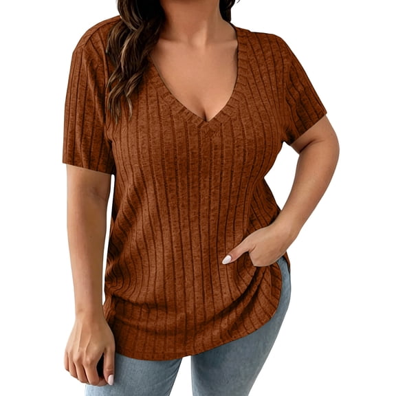Scyoekwg Going Out Tops For Women Summer Plus Size V Neck Short Sleeve Tops Casual Ribbed Knit Loose Fit Solid Color Tee for Everyday Comfort (Orange,XXXL)