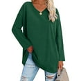 thumbnail image 3 of Camiseta de manga larga para mujer Ticfox Cuello en V gran tamaño Color sólido Transpirable Suave Verde M, 3 of 6