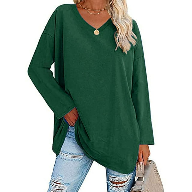 Blusa Informal Para Mujer, Camiseta De Manga Larga Para Mujer, Elegante, De Color Sólido, Cómoda, De Gran Tamaño, Con Cuello En V, Hombros Caídos Para Uso Diario ANGGREK Otros