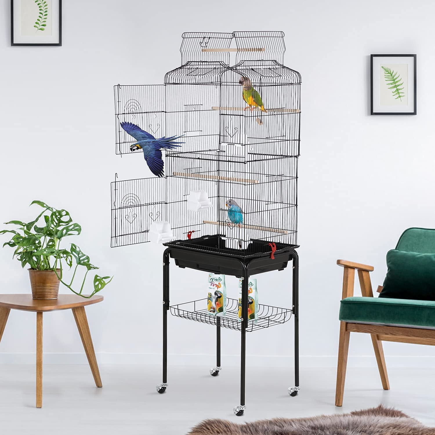 CL.HPAHKL 64-inch Large Bird Cage Play Open Top Design, Metal Parakeet Cage with Rolling Stand & Bottom Tray for Parakeet Lovebirds Ringneck Cockatiels Parrot Cage, Black