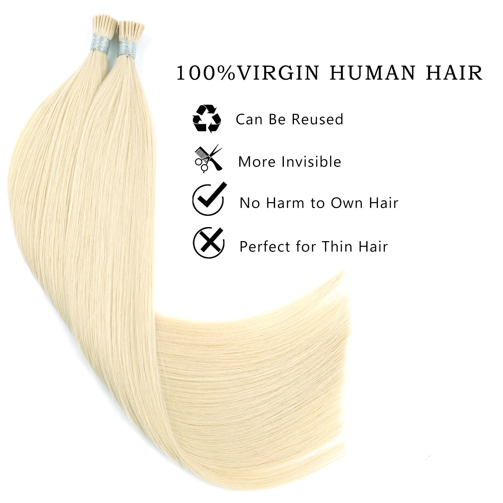 Sassina Hair I-Tip Hair Extensions 100% Virgin Human Hair Beach Blonde #613 18 Inch 50 Strands 50g