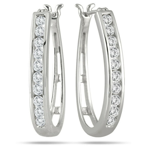 SZUL Women's 1 Carat TW Diamond Hoop Earrings in 10K White Gold  (K-L Color, I2-I3 Clarity)