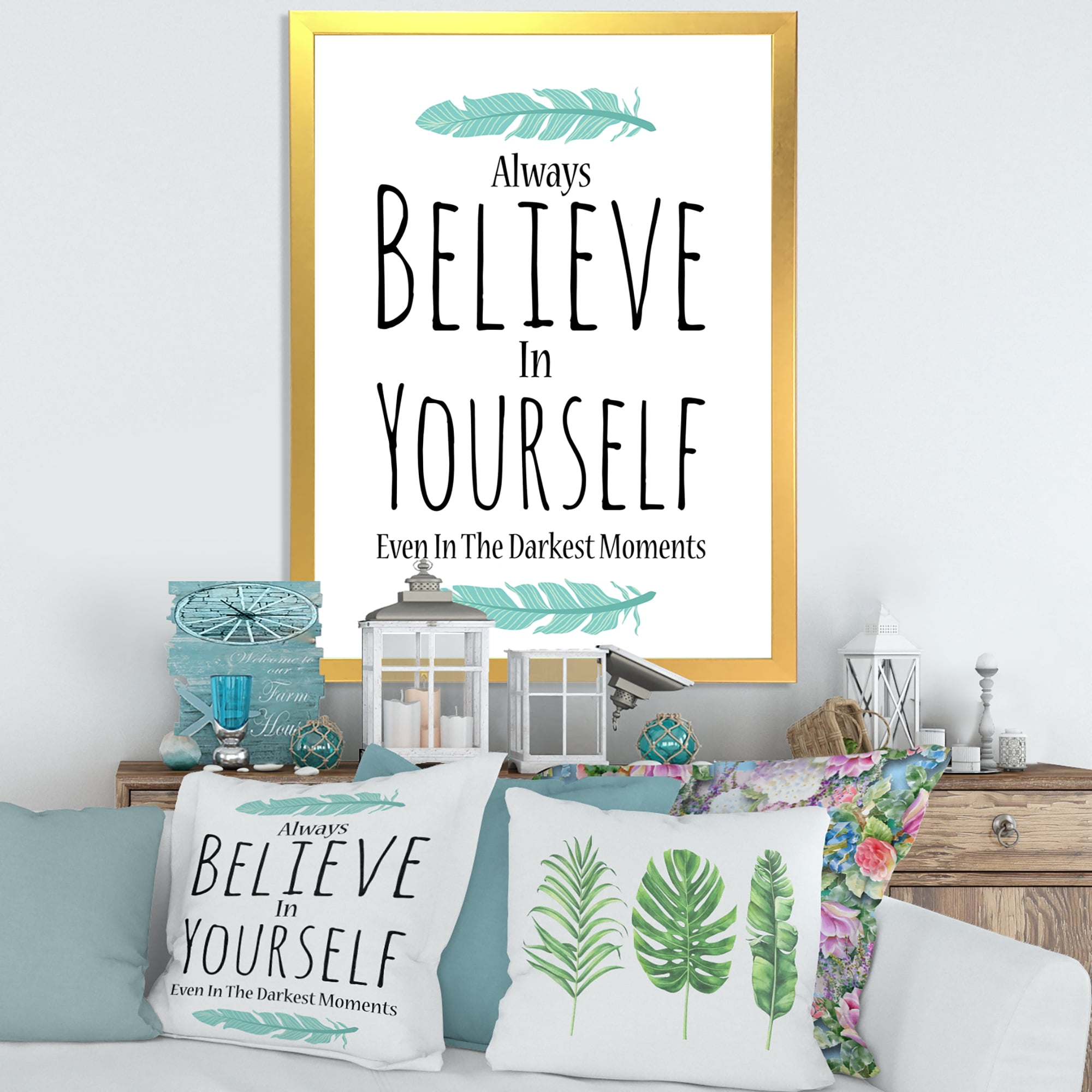Designart 'Believe In Yourself Quote On White' Traditional Framed Art Print