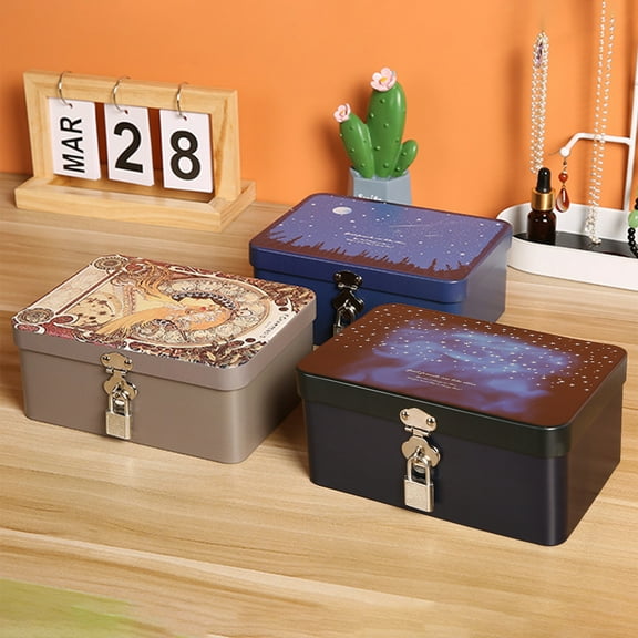 Deyuer 1 Set Tin Box with Lock Key Convenient Desktop Storage Box Vintage Style Jewelry Storage Case for Home