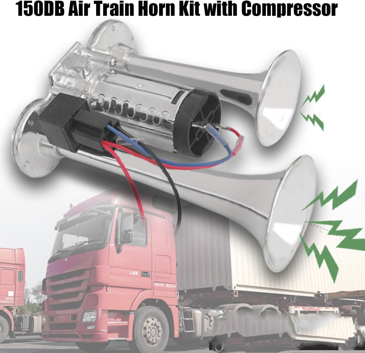 Air Train Horn Kit Silver 150DB, Super Loud Dual Electric Horn with Compressor for 24V Vehicles Trucks Cars Boats