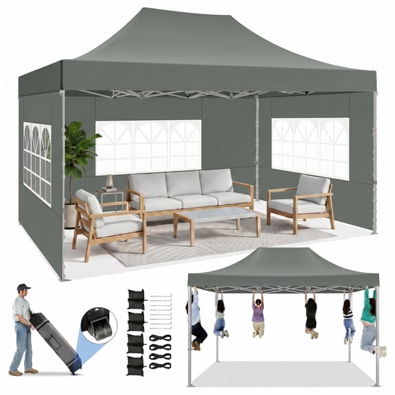 HOTEEL 10x15 Pop Up Canopy Tent Heavy Duty with 4 Sidewalls,Tents for Parties Outdoor Canopy Event Tent Wedding with Roller Bag,UV 50 & Upgraded No Water Accumulation,Thick Hexagonal Legs,Gray