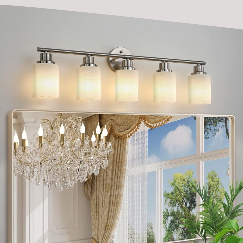 31" Brushed Nickel 5-Light Vanity Light Fixture with Frosted Glass Shades – Modern Wall Mount Bathroom Lighting for Over Mirror, Hallway, Powder Room, or Dressing Area (Bulbs Not Included)