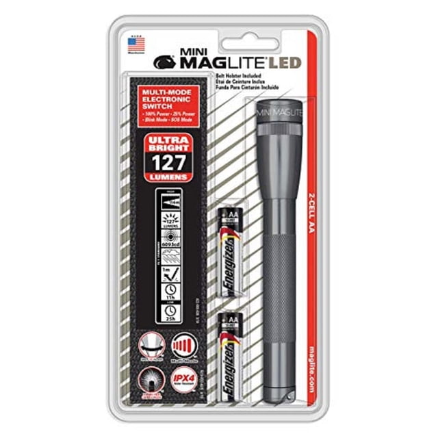 Linterna MagLite Mini LED AA de 2 celdas con funda, color gris