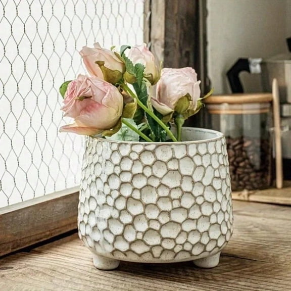 LeVcoecam White Textured Honeycomb Embossed Ceramic Planter, 3-Legged Decorative Pot for Indoor Tabletop Home Decor