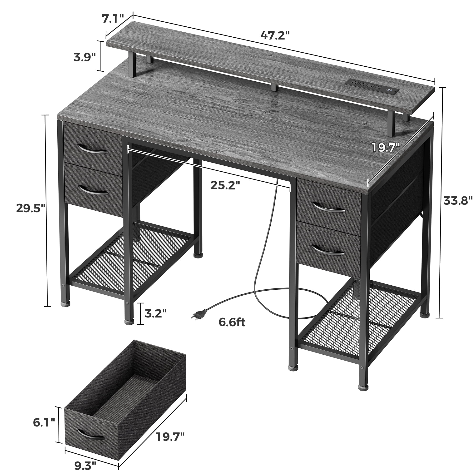Amadwell 47" Gaming Computer Desk with LED Lights, Power Outlets, Home Office Writing Desk with 4 Drawers, Gray