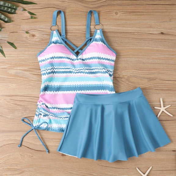 Women's Plus Size Tankini Set V Neck Crisscross Tank Tops with Adjustable Strap High Waisted Skirt Bathing Suit Print Two Piece Swimsuit 5XL