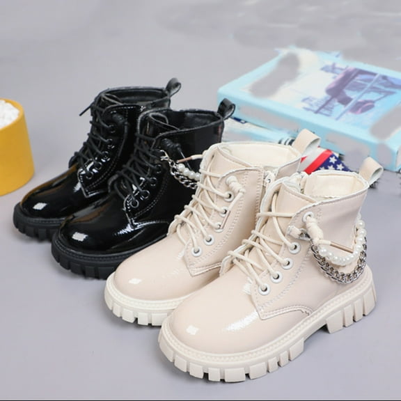 Miluxas Girls Glitter Pearl Chain Boots Fashion Girls British Style Short Boots Fall Winter Big Kids Leather Soft-Sole Ankle Boots Black 2 M(36)