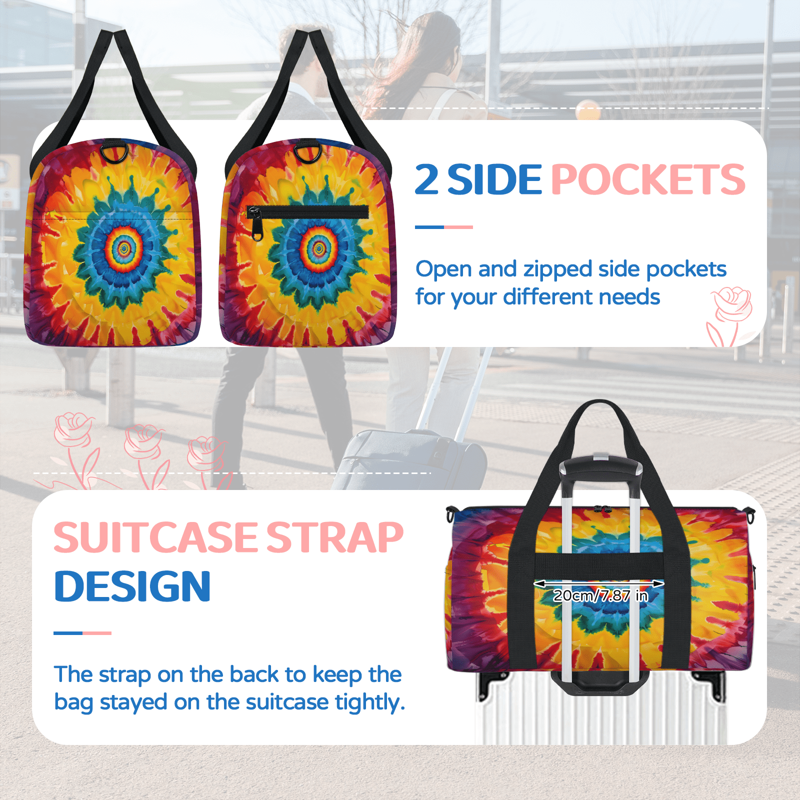 Herdesigns Bohemian Tie Dye Travel Duffle Bag Sports Yoga Weekender Overnight Carry on Workout Bags Lightweight Waterproof Gym Tote Bag for Women