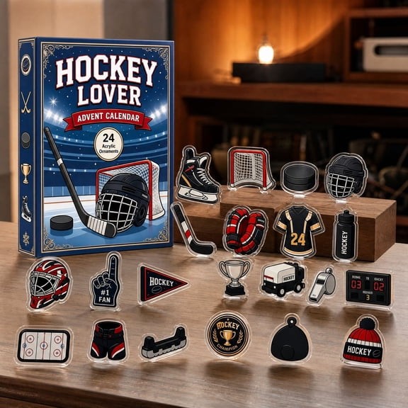 2026 New Christmas Hockey Lover Advent Calendar, 24Pcs 2D Flat Figurine Collectible, Cute 24 Days of Christmas Countdown Calendar Crafts, Xmas Decorations for Tree Window Mantel and Gifts