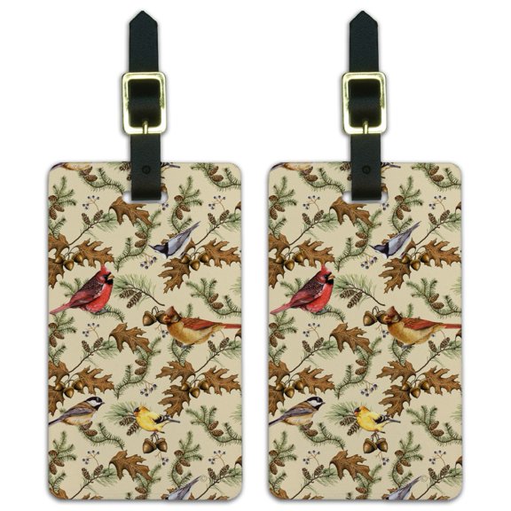 Birds Songbirds Oak Leaves Acorns Pinecones Autumn Fall Luggage ID Tags Suitcase Carry-On Cards - Set of 2
